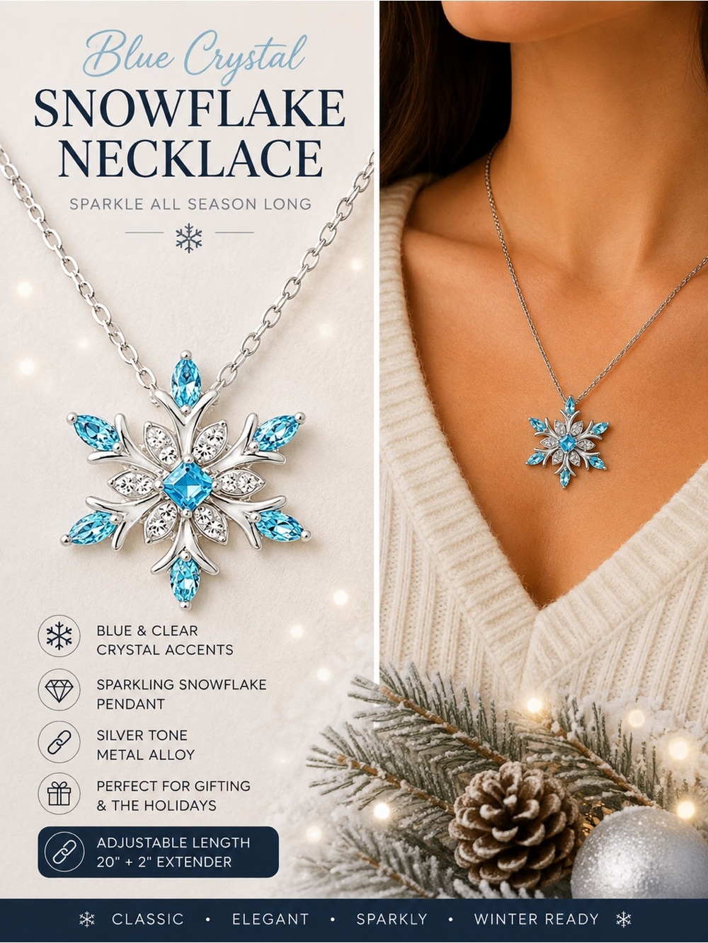 Blue Rhinestone Snowflake Pendant Necklace on Long Chain - New